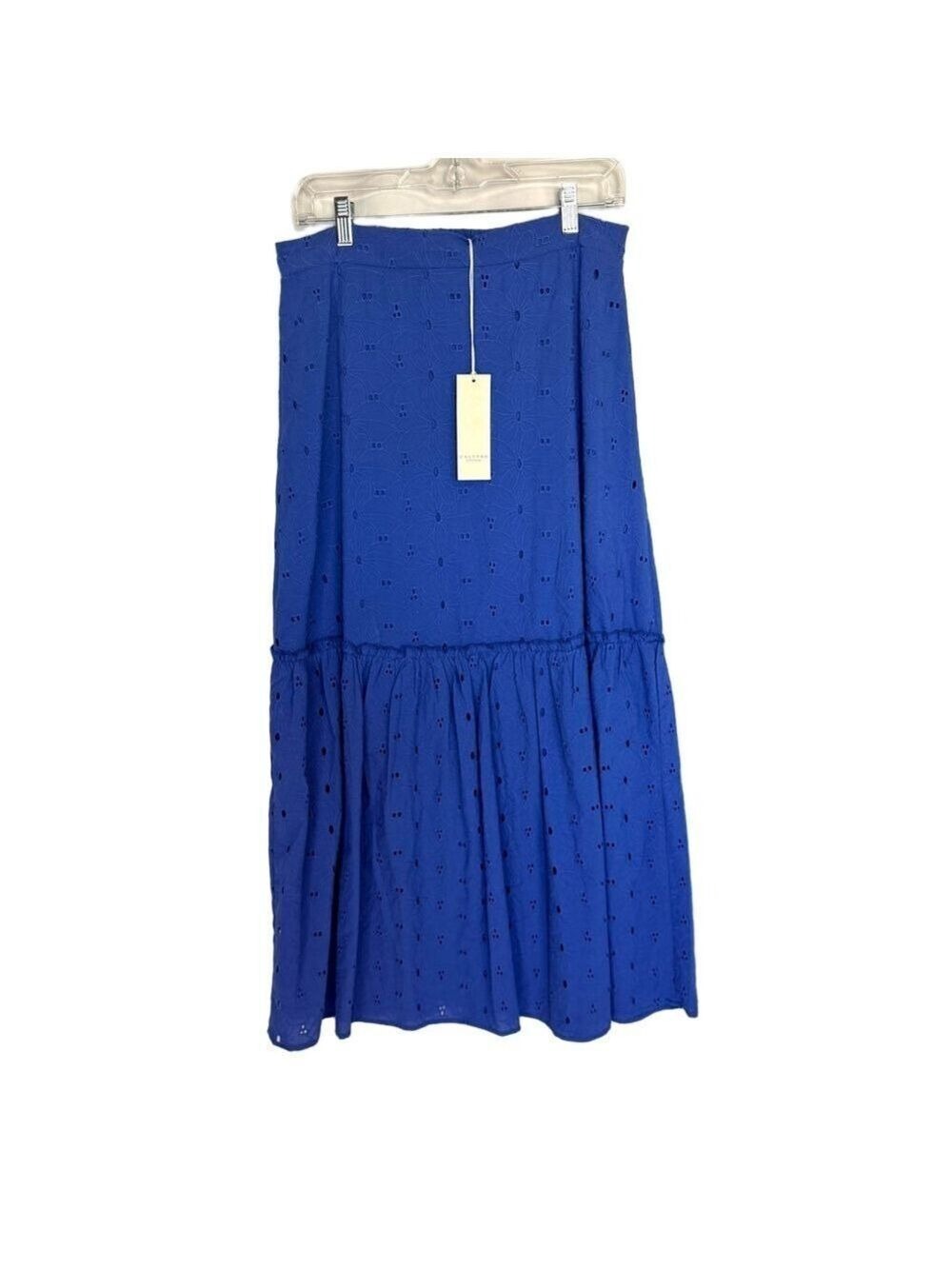 New Calypso St Barth Blue Eyelet Maxi Skirt Lined Women M Tiered Elastic waist